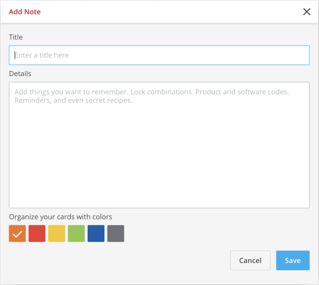 The add Safe Note window